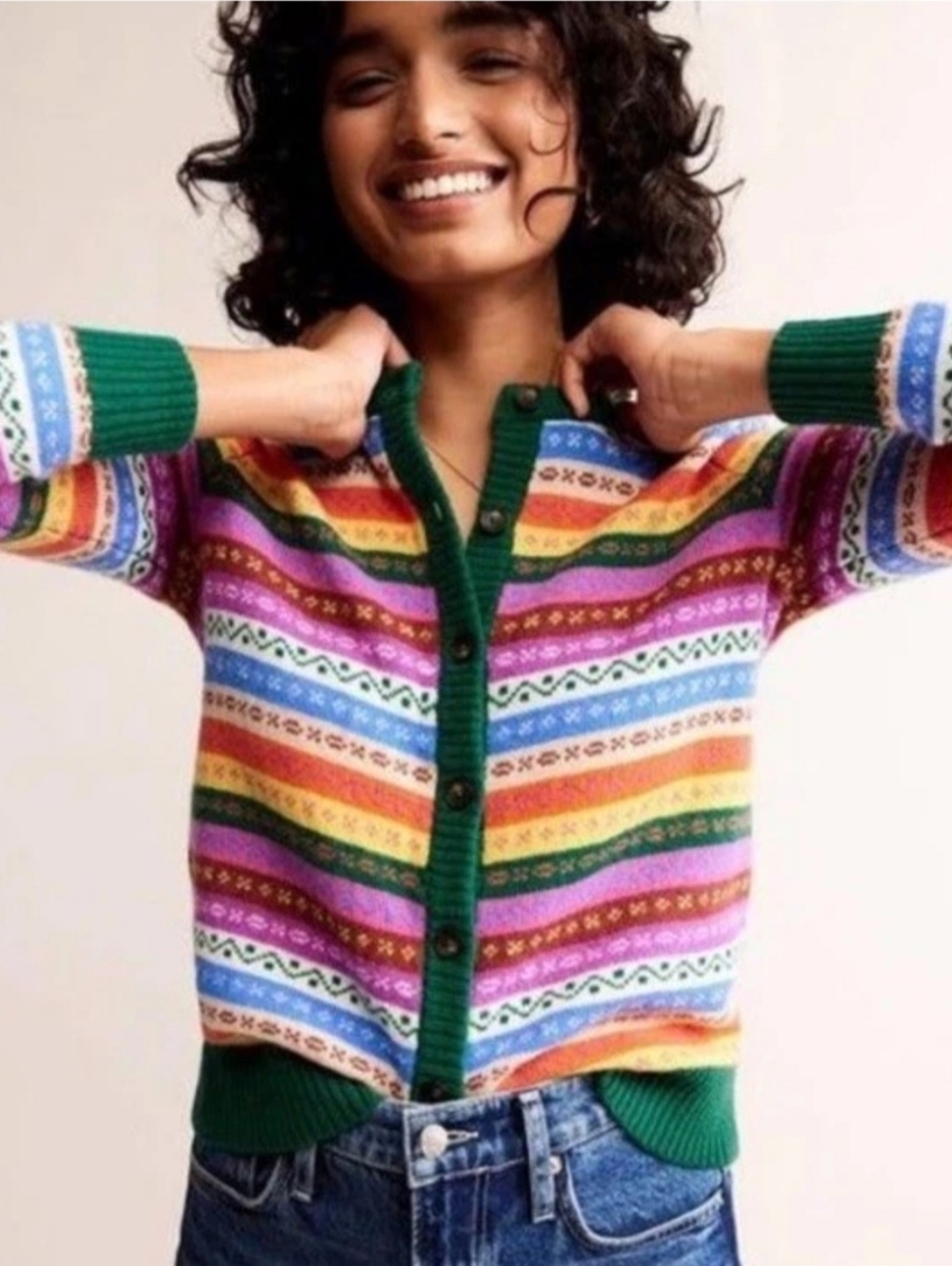 Boden Multicolor Stripe Fair Isle Crewneck Cardigan - Green Trim